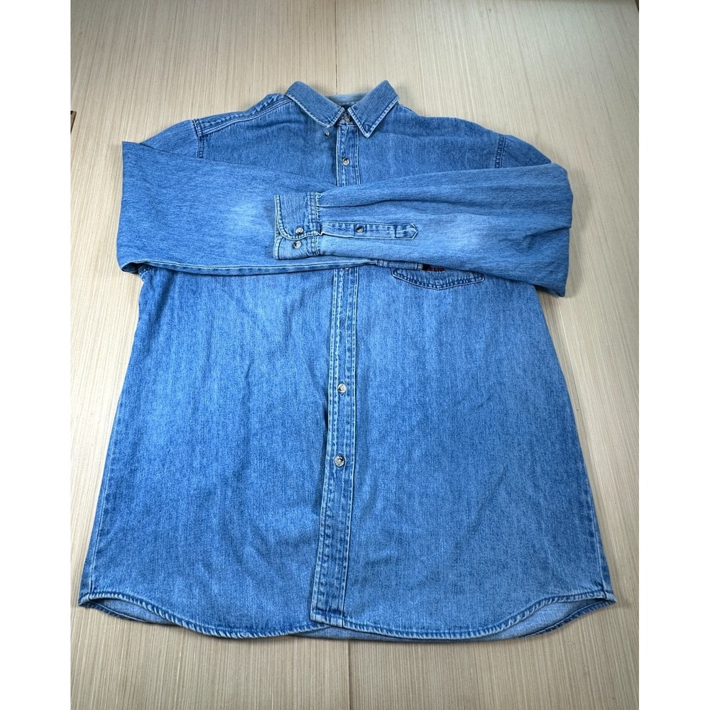 Hard Rock Shirt Mens XL Blue Logo‎ Cotton Denim Long Sleeve Collared Button-Up